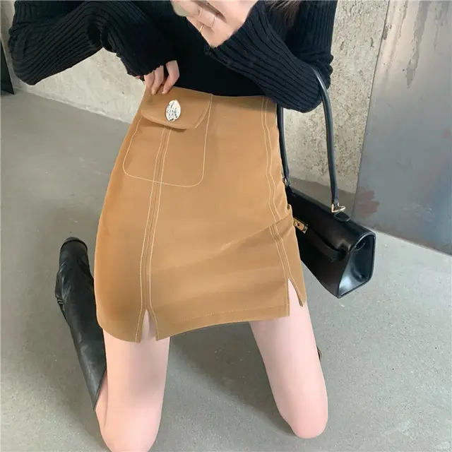 A Line Skirt Is Thinner, Buttocks Slit Short Skirt Women Khaki - Shop at LoveMi