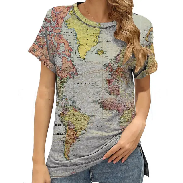 National Style Retro Geometric Pattern Round Neck Casual Simple Short sleeved T shirt Gray - Shop at LoveMi