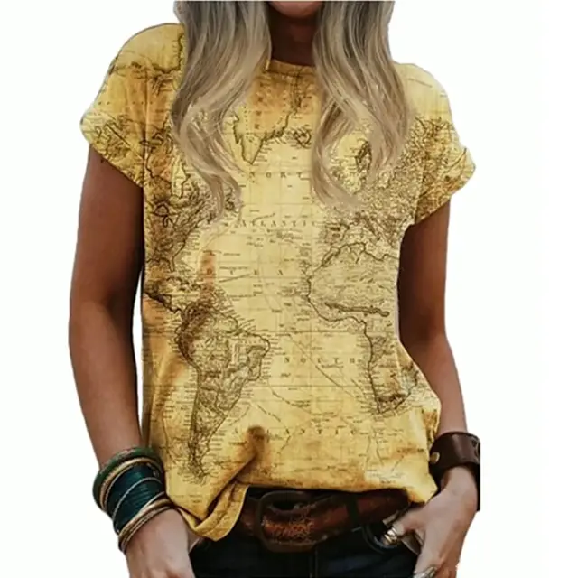National Style Retro Geometric Pattern Round Neck Casual Simple Short sleeved T shirt Yellow - Shop at LoveMi