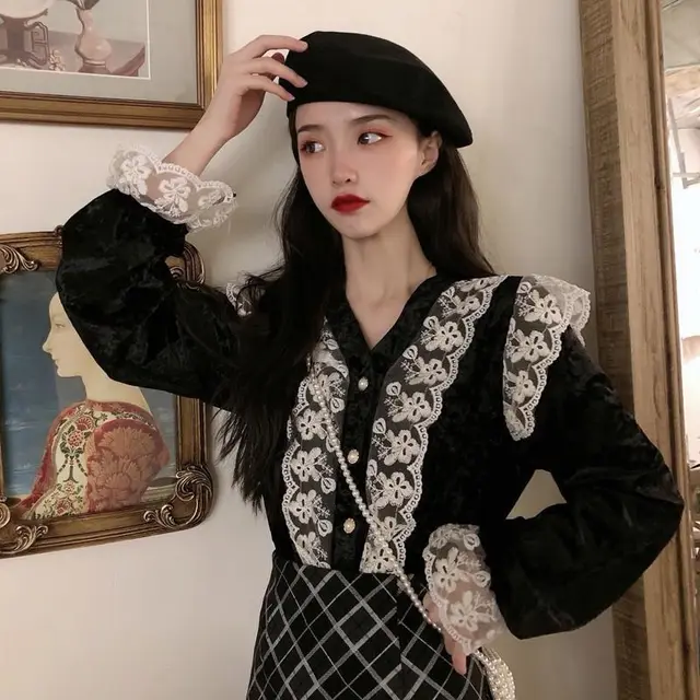 Shirts Women V Neck Flare Sleeve Patchwork French Black - Shop at LoveMi