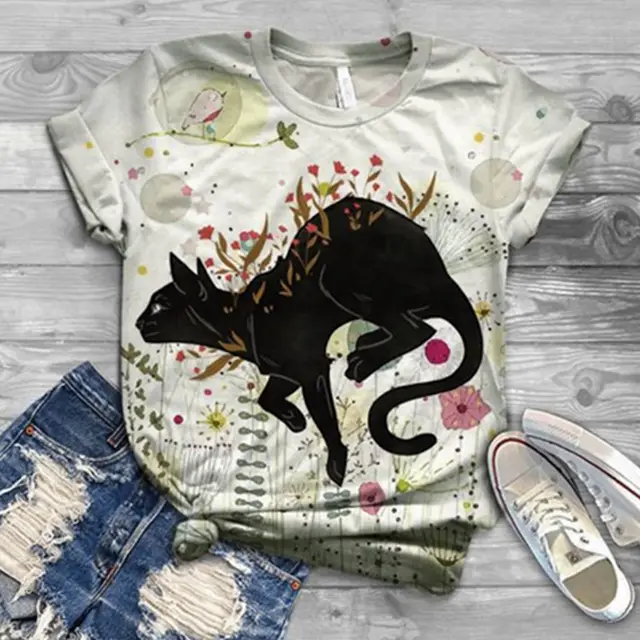 Street Hipster Loose 3D Animal Print European And American Foreign Trade Hot Style Summer Women's T shirt Cat Support Customization As Shown - Shop at LoveMi