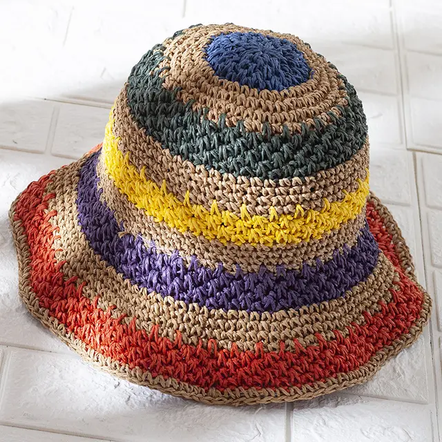 Colorful Striped Sun Visor Hand woven Straw Hat Khaki - Shop at LoveMi
