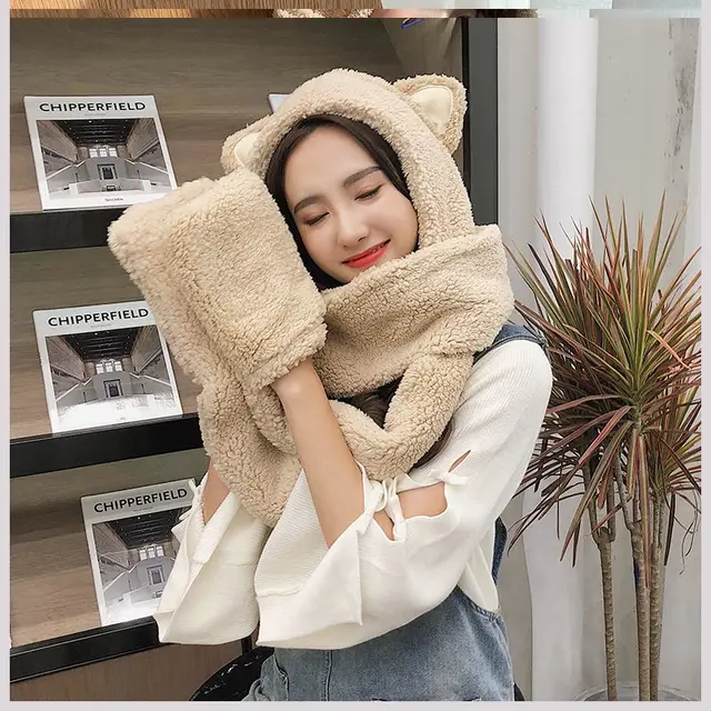 Korean Version Of The Hat, Scarf, Gloves, One Piece Three Piece Plush Thick Double Layer Cute Student Antlers Parent Child Hat Set Beige - Shop at LoveMi