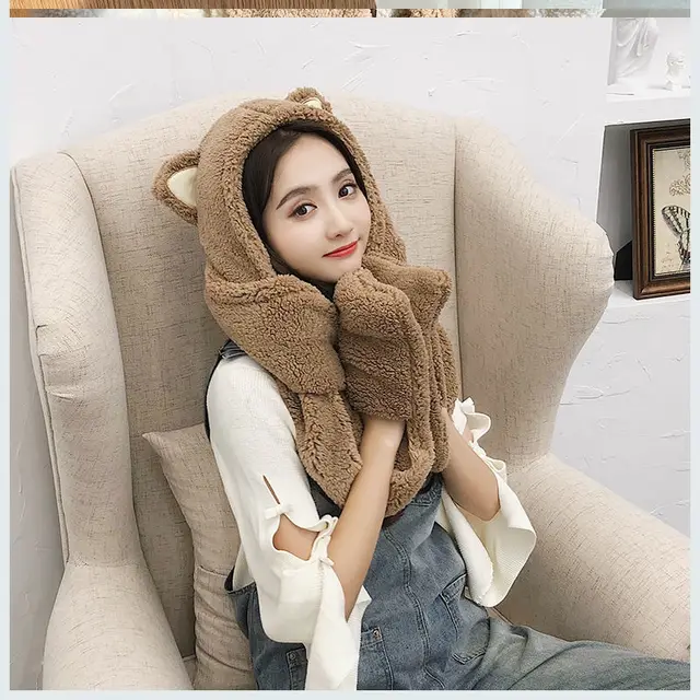Korean Version Of The Hat, Scarf, Gloves, One Piece Three Piece Plush Thick Double Layer Cute Student Antlers Parent Child Hat Set Brown - Shop at LoveMi