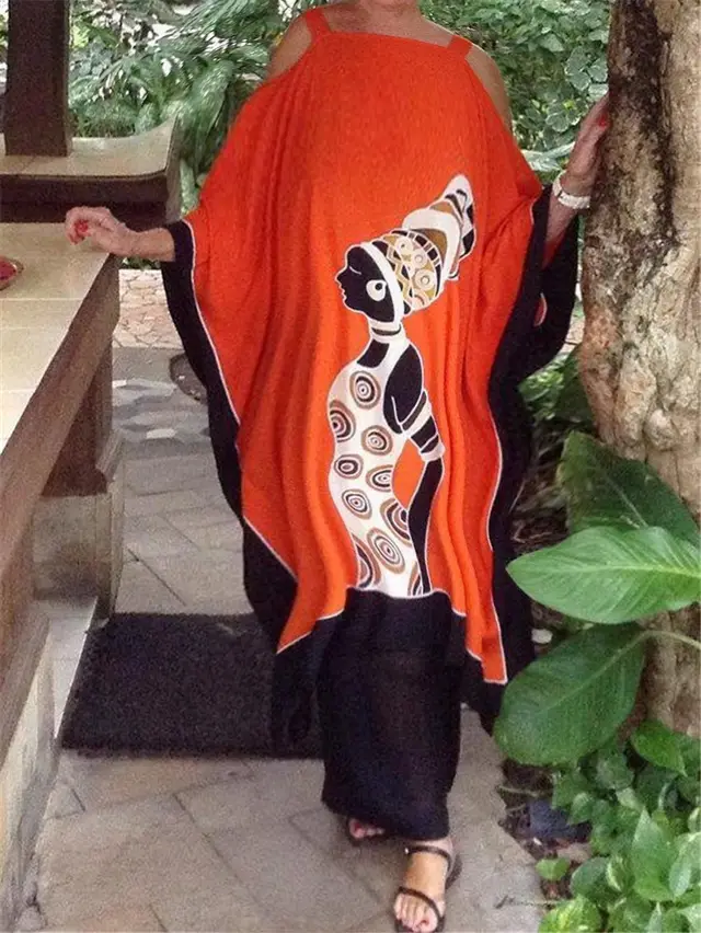 Women Sexy Off Shoulder Lady Party Dress Fashion Retro Print Loose Irregular Dress Summer Spring Batwing Sleeve Long Dress Red - Shop at LoveMi