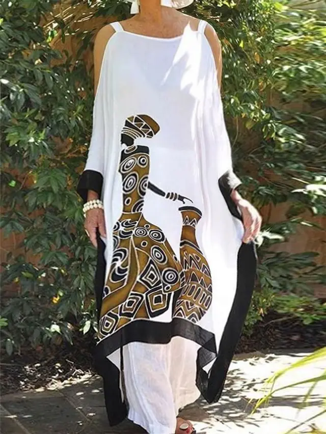 Women Sexy Off Shoulder Lady Party Dress Fashion Retro Print Loose Irregular Dress Summer Spring Batwing Sleeve Long Dress White - Shop at LoveMi