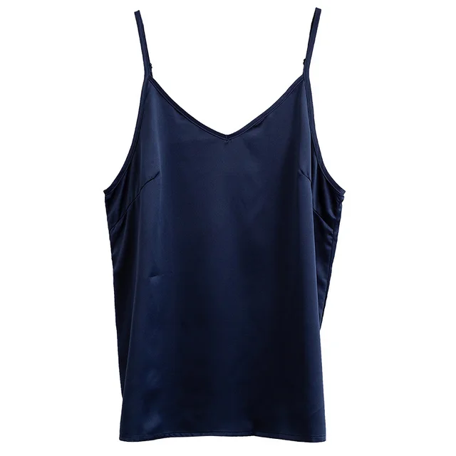 Ice Silk Suspenders With a Top Imitation Silk V Neck Satin Black Bottoming Shirt Glossy And Smooth Vest Dark Blue - Shop at LoveMi