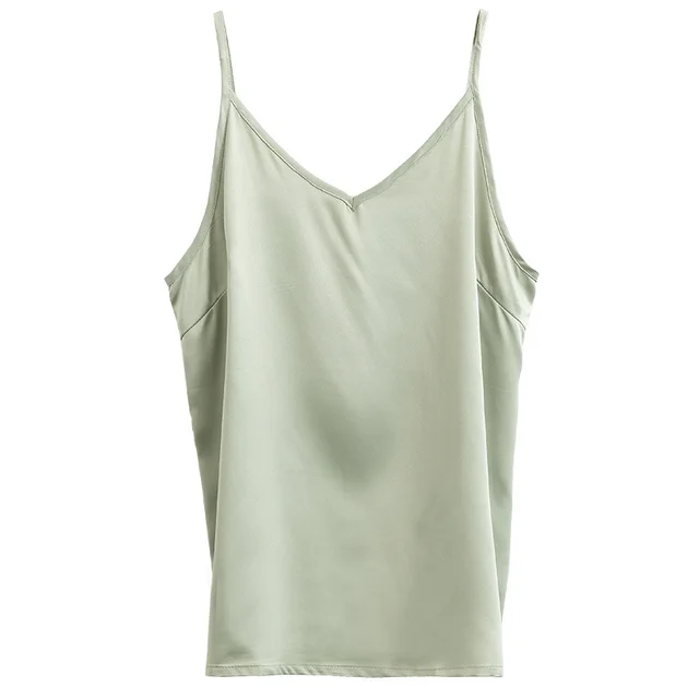 Ice Silk Suspenders With a Top Imitation Silk V Neck Satin Black Bottoming Shirt Glossy And Smooth Vest Green - Shop at LoveMi