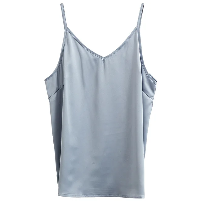 Ice Silk Suspenders With a Top Imitation Silk V Neck Satin Black Bottoming Shirt Glossy And Smooth Vest Light Blue - Shop at LoveMi