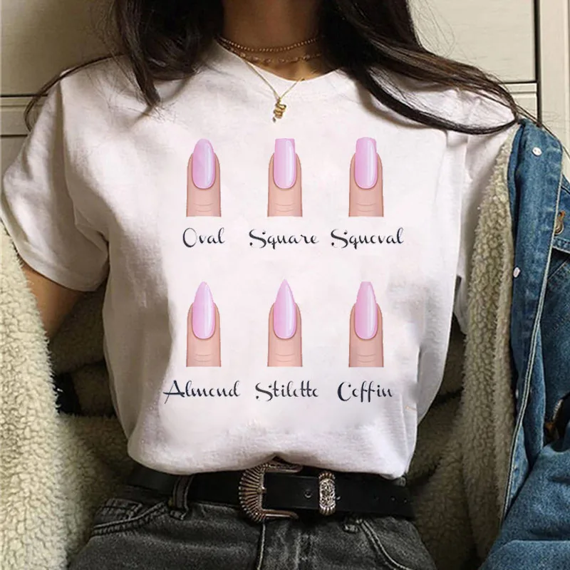European And American INS Style Nail Print Ladies T Shirt 7White - Shop at LoveMi