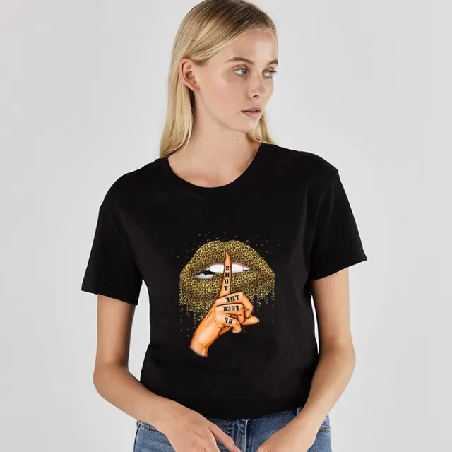 Leopard Lip Pattern Women'S Top Loose Round Neck Fashion Women'S T Shirt Black2 - Shop at LoveMi