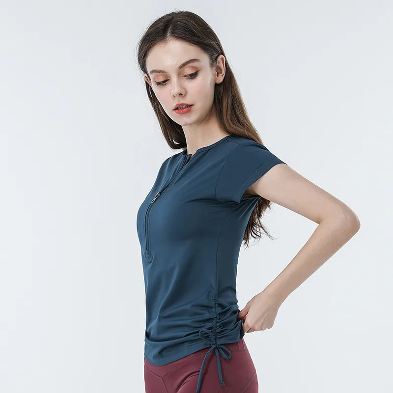 Round Neck Yoga Wear Half Zipper Short Sleeve t-Shirt - Dark Green