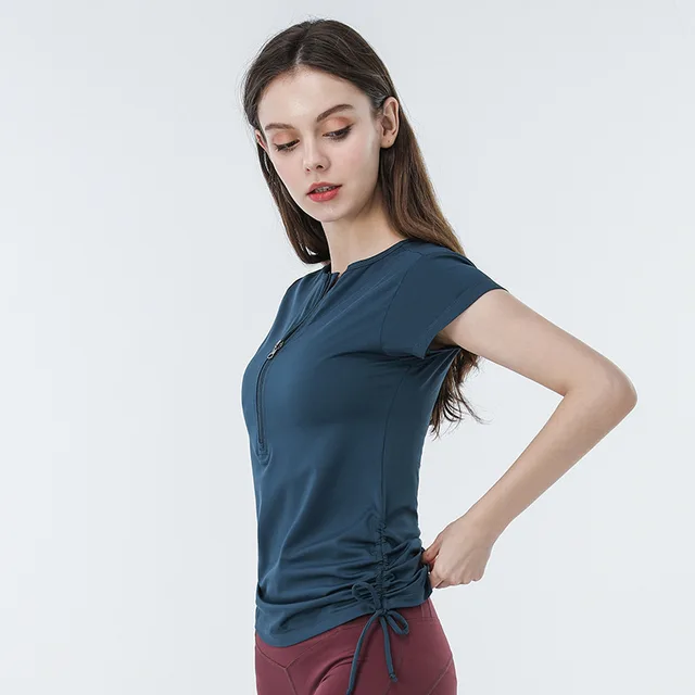 Round Neck Yoga Wear Half Zipper Short Sleeve t Shirt Dark Green - Shop at LoveMi