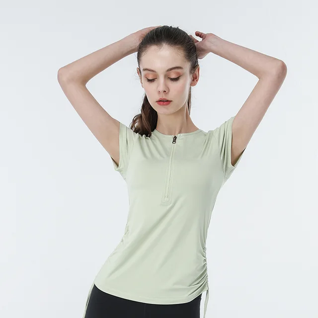 Round Neck Yoga Wear Half Zipper Short Sleeve t Shirt Grass Green - Shop at LoveMi