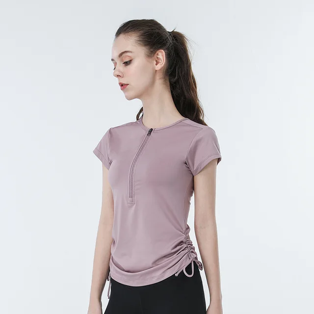 Round Neck Yoga Wear Half Zipper Short Sleeve t Shirt Light Purple - Shop at LoveMi