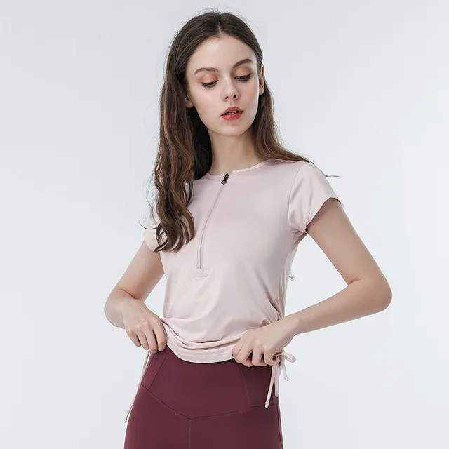 Round Neck Yoga Wear Half Zipper Short Sleeve t Shirt Pink - Shop at LoveMi