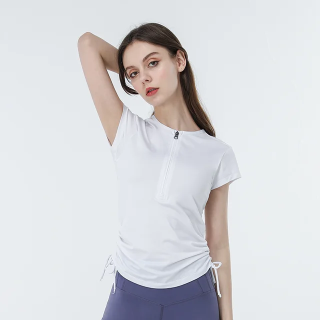 Round Neck Yoga Wear Half Zipper Short Sleeve t Shirt White - Shop at LoveMi