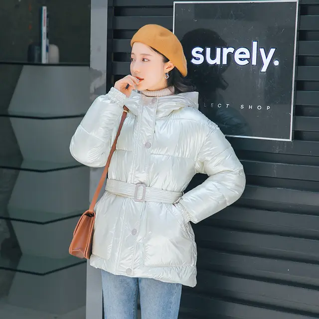 Women's Short Down Padded Coat With Waist And Thinner White - Shop at LoveMi
