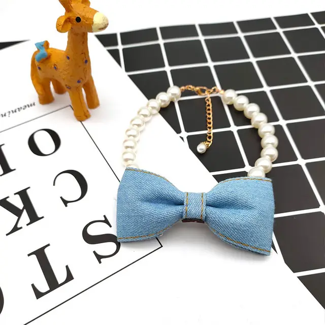 Pet Neck Chain Cat Dog Accessories Pearl Necklace Denim Bow Pendant cute Princess bib Denim Light Bow - Shop at LoveMi