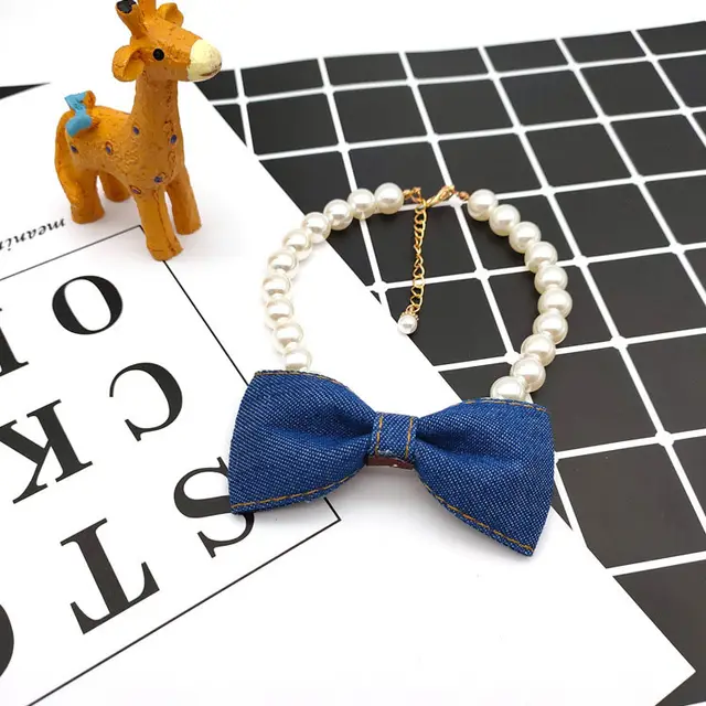 Pet Neck Chain Cat Dog Accessories Pearl Necklace Denim Bow Pendant cute Princess bib Denim Mid Color Bow - Shop at LoveMi