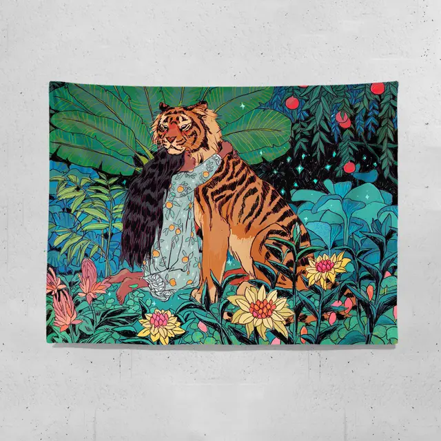 Girl And Tiger Fresh Wall Cloth Girls Bedroom Wall Cloth Rental Room Bedside Decoration Tapestry The Girl And The Tiger - Shop at LoveMi