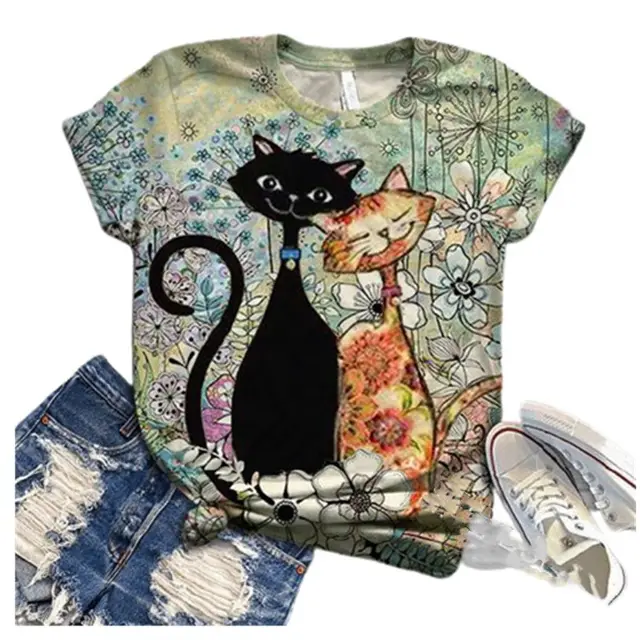 Cute Animal Print Short Sleeve Round Neck Black - Shop at LoveMi