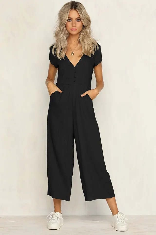 Fashion V Neck Button Cutout Halter Short Sleeved Jumpsuit Women Black - Shop at LoveMi
