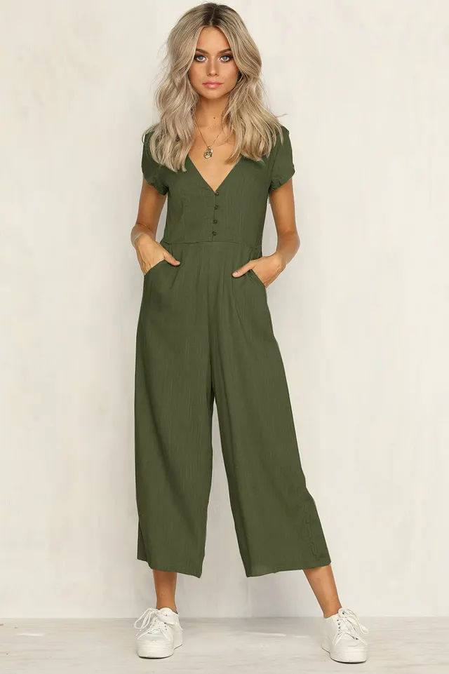 Fashion V Neck Button Cutout Halter Short Sleeved Jumpsuit Women Green - Shop at LoveMi