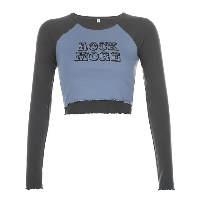 Short Raglan Shoulder Hit Color Wood Ears Letter Printed Long Sleeved T Shirt Blue - Shop at LoveMi