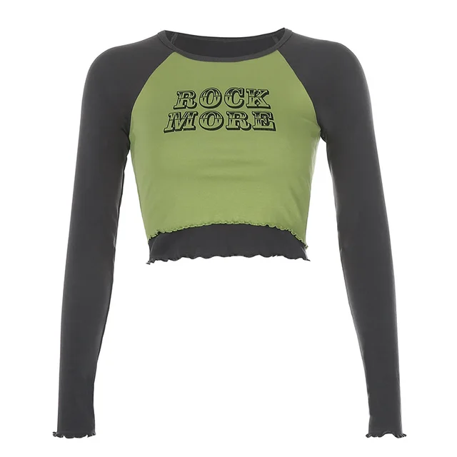 Short Raglan Shoulder Hit Color Wood Ears Letter Printed Long Sleeved T Shirt Green - Shop at LoveMi
