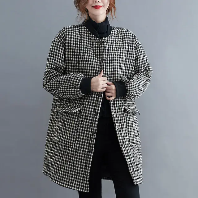 Women's Plaid Thicken Cotton Jacket Black - Shop at LoveMi