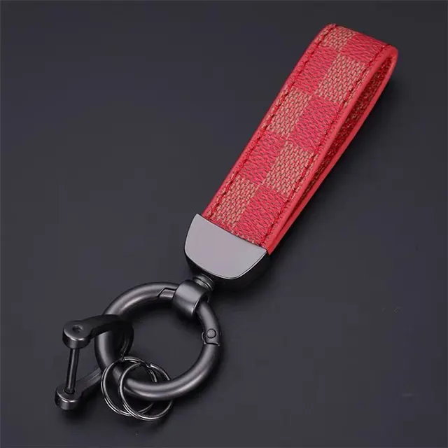 Luxury Genuine Leather Lanyard Keychain Men Women Square Pattern Gunmetal Buckle Car Key Ring Holder Jewelry Gift Chaveiro Gun Color Red Grid - Shop at LoveMi
