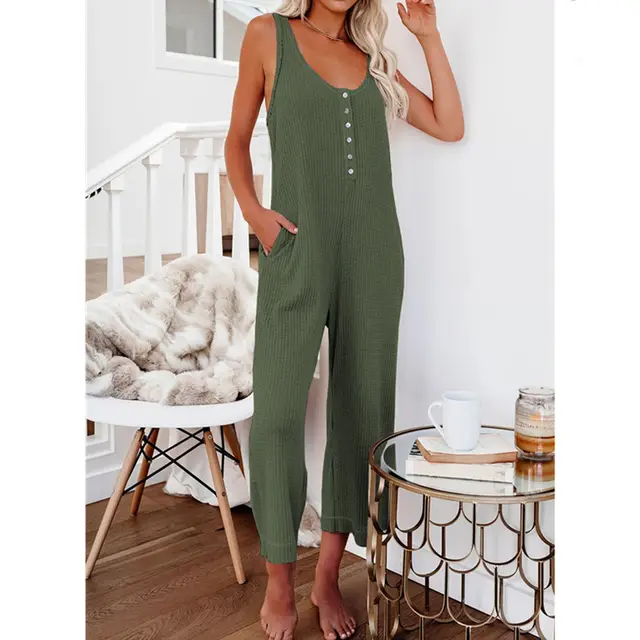 Solid Color Buttoned Pocket Casual Vest Jumpsuit Women's Clothing Army Green - Shop at LoveMi