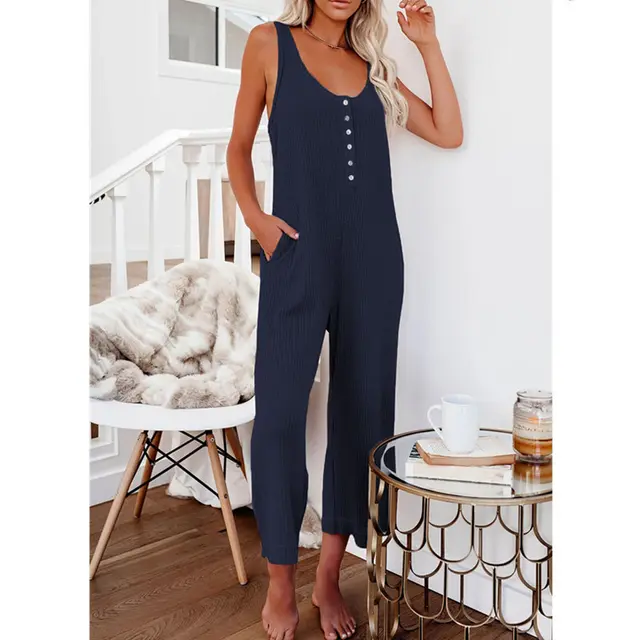 Solid Color Buttoned Pocket Casual Vest Jumpsuit Women's Clothing Blue - Shop at LoveMi