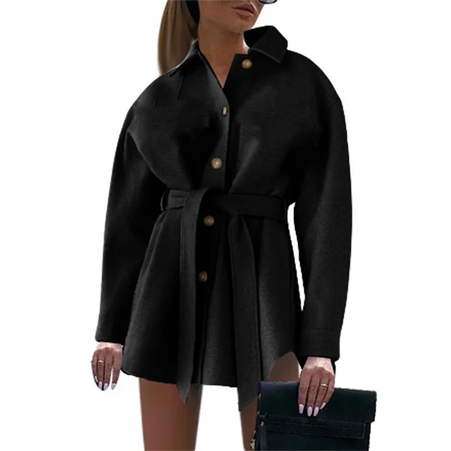 V neck Button Lace Ladies Woolen Coat Black - Shop at LoveMi