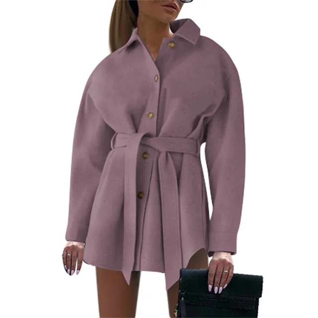 V neck Button Lace Ladies Woolen Coat Purple - Shop at LoveMi