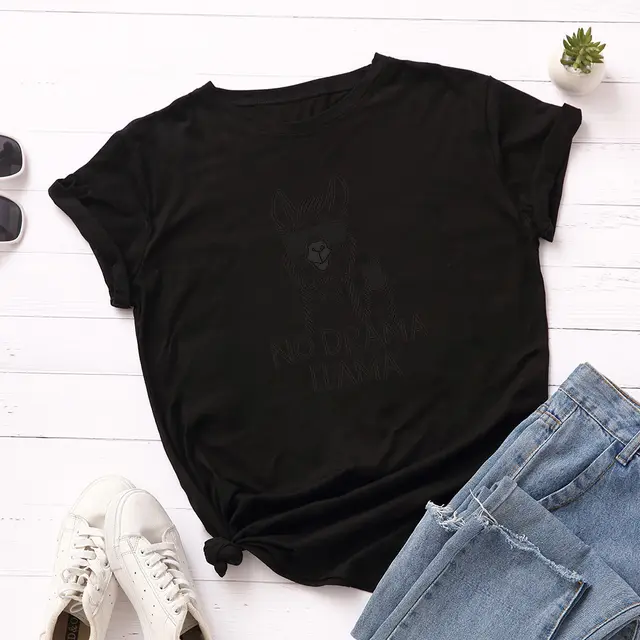 Women's Loose Round Neck Short Sleeve Cotton T-shirt - Black