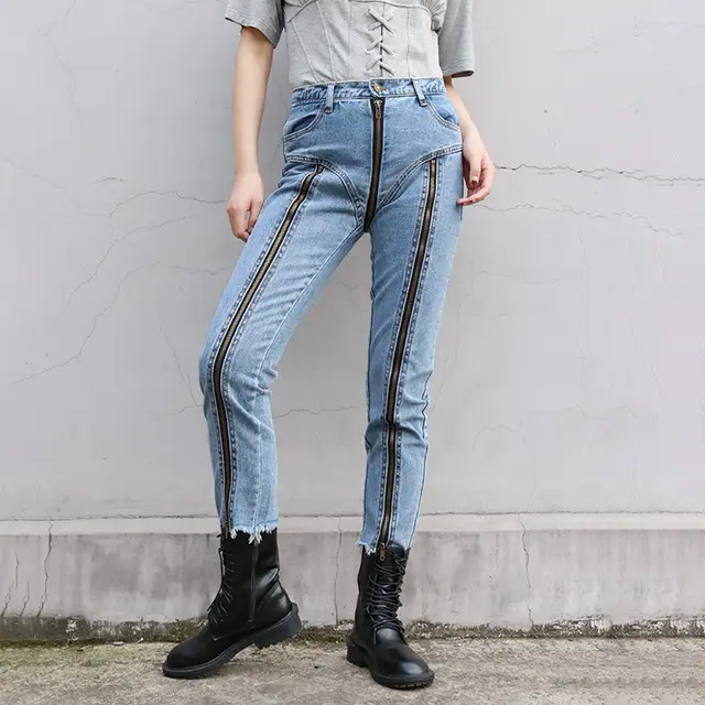 High Waist Zip Design Raw Trim Slim Cropped Jeans Blue - Shop at LoveMi