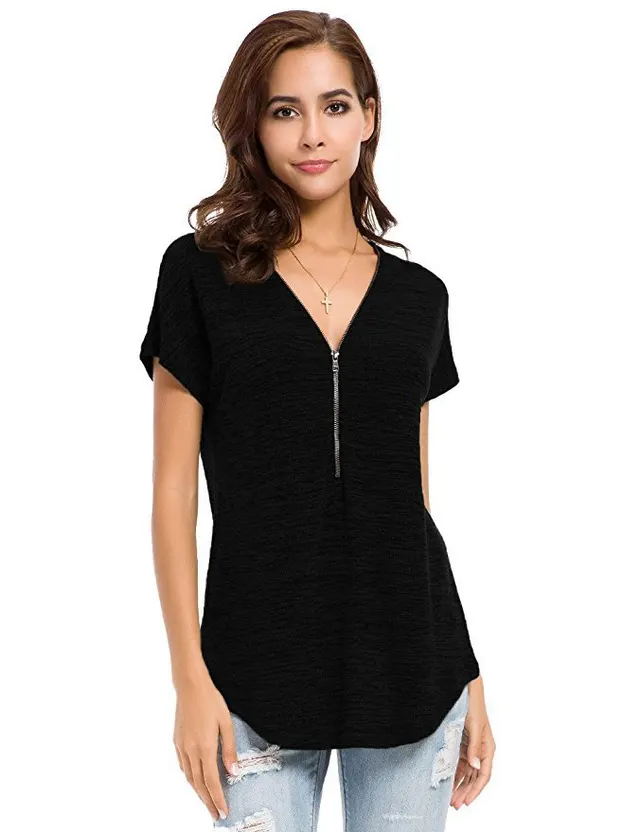 Women's Solid Color V neck Blouse Fashion Casual Short sleeved T shirt Women Black - Shop at LoveMi