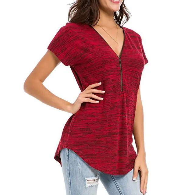 Women's Solid Color V neck Blouse Fashion Casual Short sleeved T shirt Women Wine Red - Shop at LoveMi