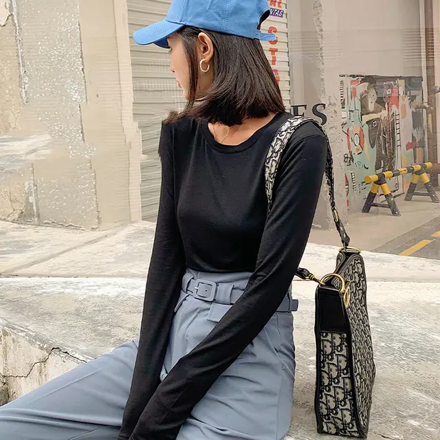 Basic Crew Neck Viscose Tops Women Slim Fitted Long Sleeve T Shirt Essential Shirts Solid Colors S to 2xl Black - Shop at LoveMi