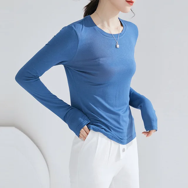 Basic Crew Neck Viscose Tops Women Slim Fitted Long Sleeve T Shirt Essential Shirts Solid Colors S to 2xl Blue - Shop at LoveMi