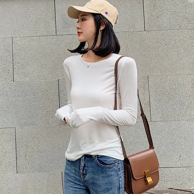 Basic Crew Neck Viscose Tops Women Slim Fitted Long Sleeve T Shirt Essential Shirts Solid Colors S to 2xl White - Shop at LoveMi
