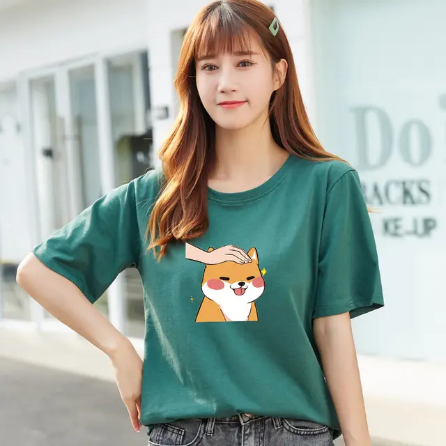 Trend Cartoon Short sleeved Women's Women's Ins Pure Cotton Women's Half sleeved T shirt Spring And Summer Korean Style Loose Slim Top Green - Shop at LoveMi