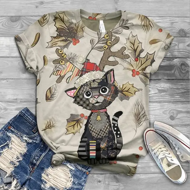 Summer Ladies Print Fashion Bat Sleeve T Shirt Cat Animal Print - Shop at LoveMi
