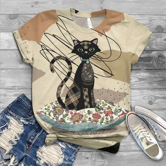 Summer Ladies Print Fashion Bat Sleeve T Shirt Cat Animal Print - Shop at LoveMi