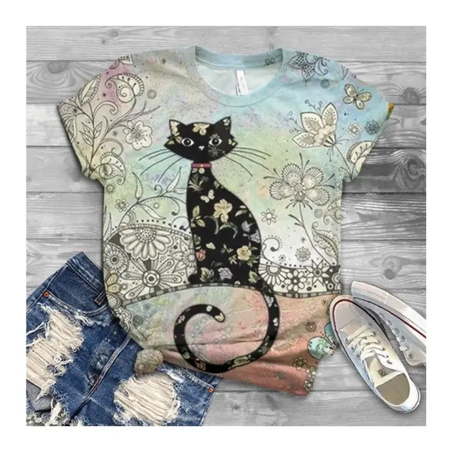 Summer Ladies Print Fashion Bat Sleeve T Shirt Cat Animal Print - Shop at LoveMi