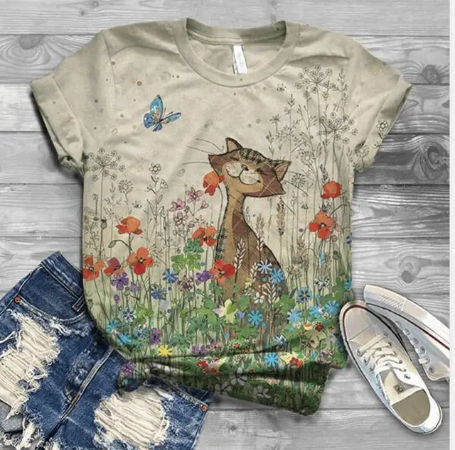 Summer Ladies Print Fashion Bat Sleeve T Shirt Cat Animal Print - Shop at LoveMi