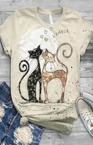 Summer Ladies Print Fashion Bat Sleeve T-Shirt Cat Animal Print - G
