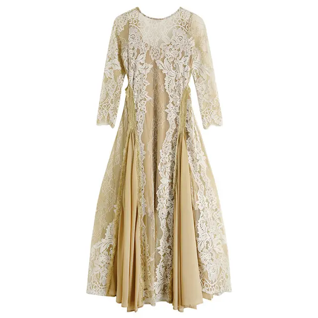 Women's Stitching Halter Holiday Ethnic Style Dress Lace Chiffon Travel Photo Long Skirt Golden - Shop at LoveMi